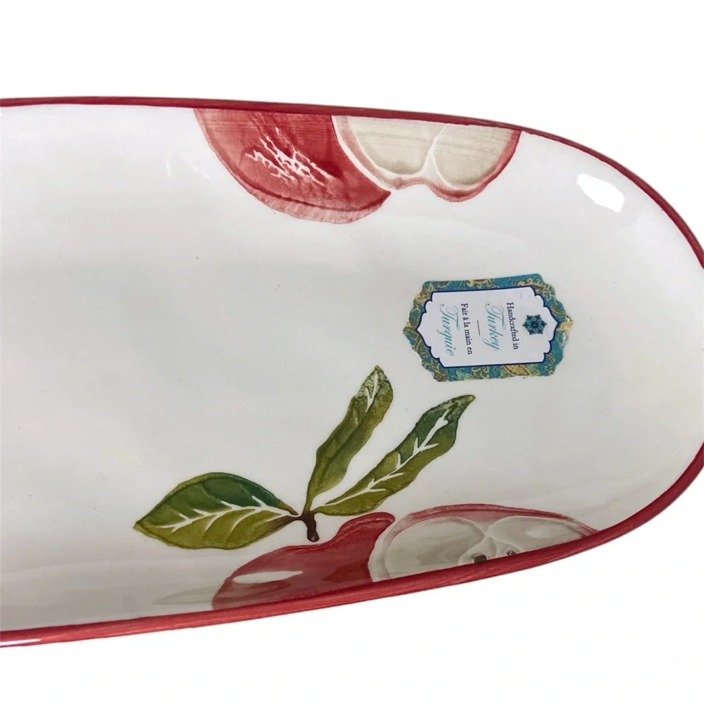 Hand Painted Red Apple Ceramic Serving Platter 14” Long Tapas Dish Farmhouse